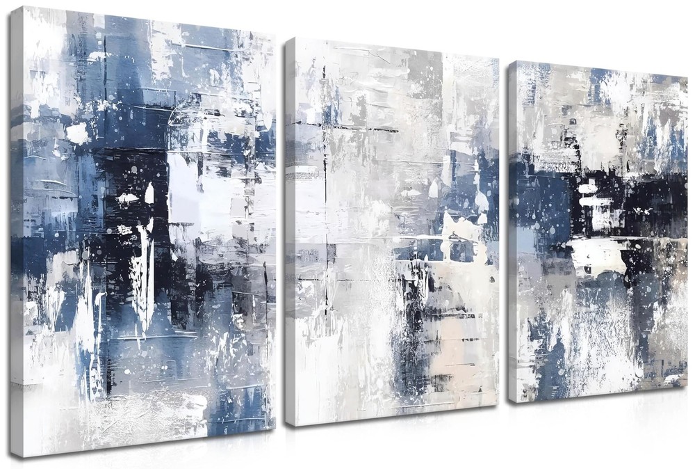 Abstract Blue White Framed Canvas Wall Art Set of 3 Navy Gray Modern 12×16″