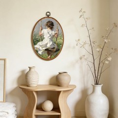 Vintage Rustic Kitchen Oval Wall Art Decor,Country Little Girl Swing Floral O…