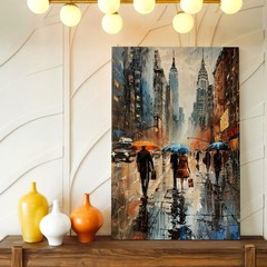 Wall Art Rainy City Street Painting Umbrella Figures Urban Skyline Canvas Poster
