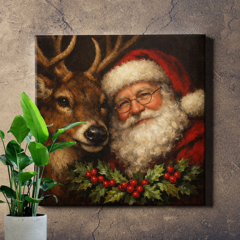 Vintage Santa and Reindeer Holiday Wood Framed Canvas Painting