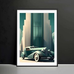 Vintage Car Art Deco Wall Art, Vintage Luxury Green Car Wall Art Poster.