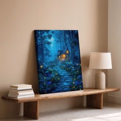 Whimsical, Enchanted Forest Scene At Twilight, Featuring A Cozy, Rustic Wall Art