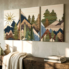 3 Pieces Mountain Landscape Sun Trees Earthy Tones Large Wall Art Canvas Decor