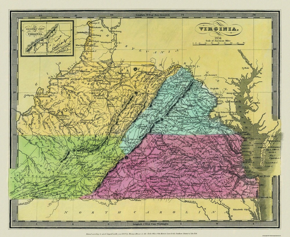 Historic State Map – Virginia – Burr 1834 – Vintage Wall Art