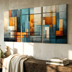 3 Pieces Abstract Geometric Blue Orange Modern Large Wall Art Canvas Set Of 3
