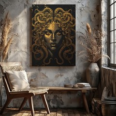 Golden Medusa Canvasluxurious Mythical Wall Art On Black Marble