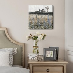Vintage Farmhouse Canvas Print – Rustic Flower Field Landscape Art 14×14″