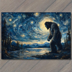 Art Print Bigfoot Under Starry Sky Majestic Night Scene Lake Forest Mountains
