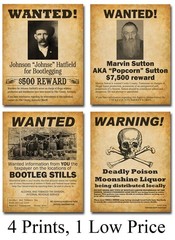 Bootleggers Wanted Posters 8×10 Prints Set of 4 –Moonshine Prohibition Bar Decor