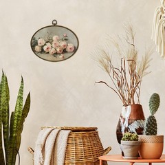 Vintage Pink Rose Flower Oval Wall Art Decor Framed, Rustic Pink Floral Canva…