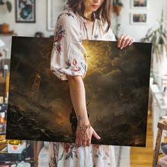 Medieval Warrior Facing Glowing Divine Figure in Dark Apocalyptic Canvas Art
