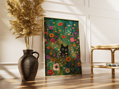 Cute Black Cat Wildflower Poster – Colorful Floral Garden Wall Art Decor Print