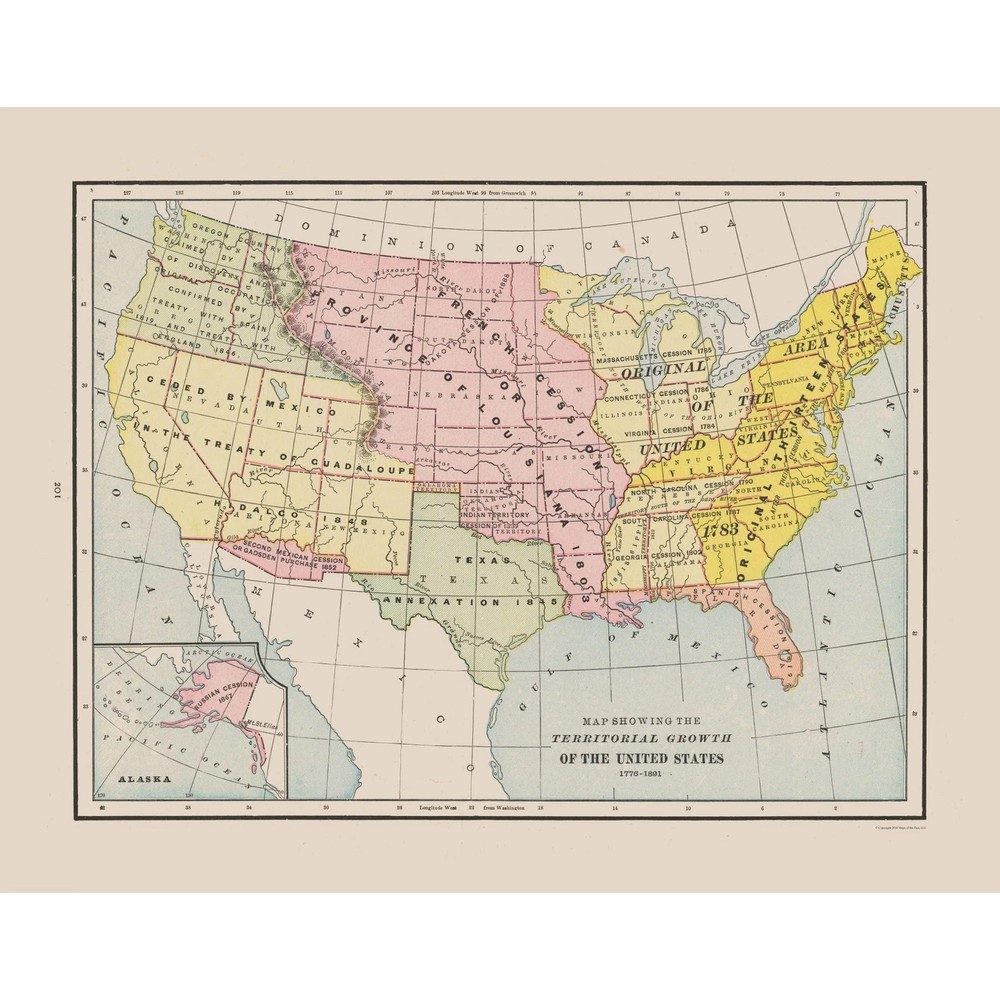 Historic State Map – United States Territorial Growth – Cram 1892 – Vintage