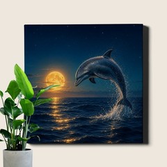 Dolphin jumping over crescent moon ocean sunset Poster Print surreal seascape