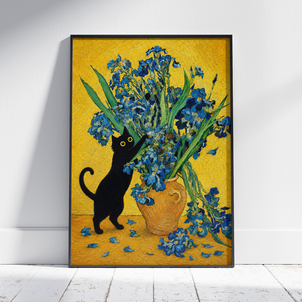 Black Cat Iris Poster, Blue Floral Oil Painting Wall Art Home Decor Gifts Prints