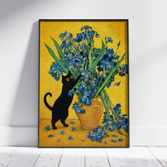 Black Cat Iris Poster, Blue Floral Oil Painting Wall Art Home Decor Gifts Prints