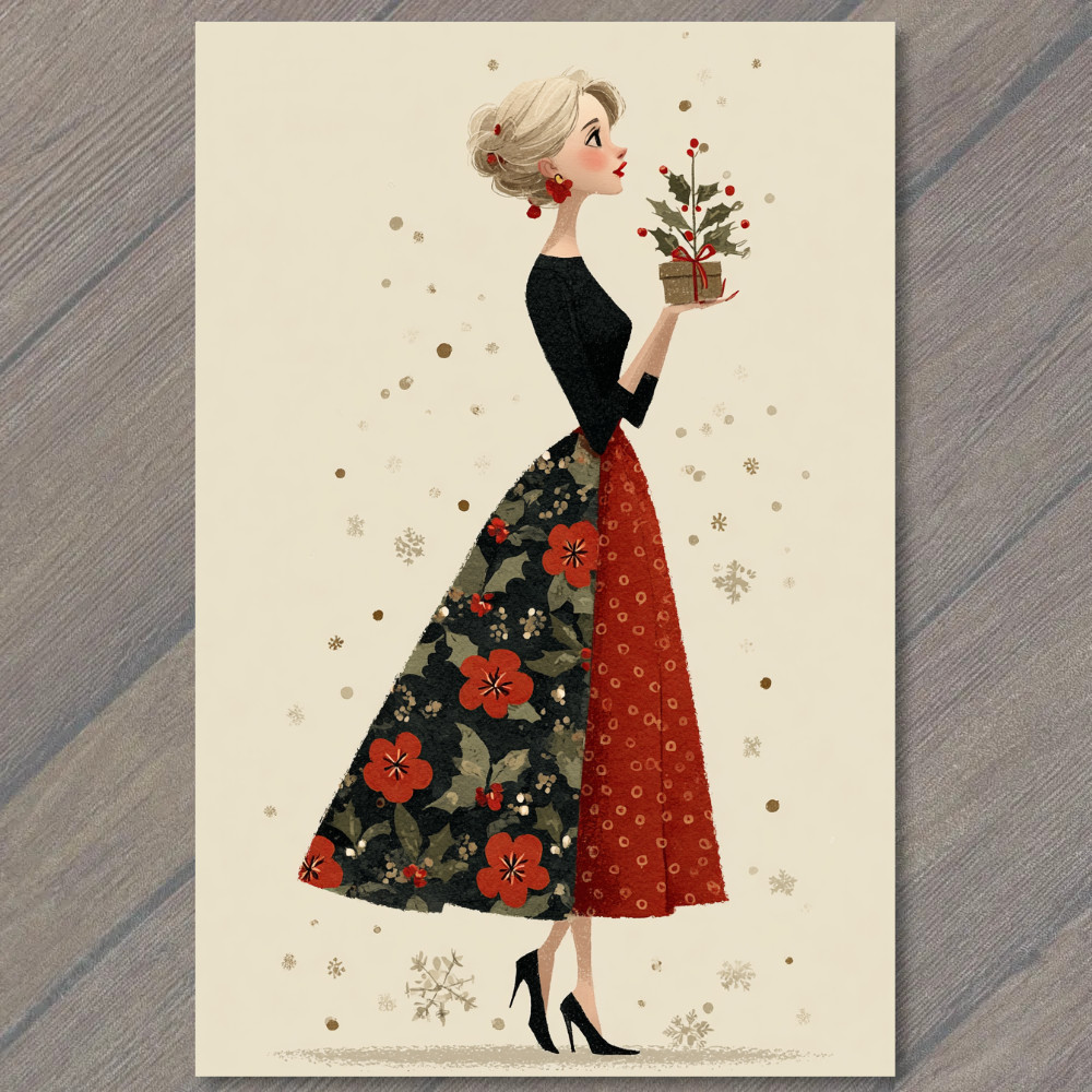 Art Print Elegant Lady Holly Skirt Holding Gift Retro Christmas Fashion Style