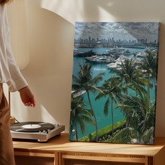 Miami Skyline And Marina Canvas Wall Art With Tropical Palm Trees Print Home