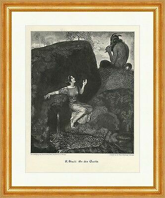 F. Stuck: At the Source Faun Nymph Pan Flute Water Woodblock A 1514 Framed