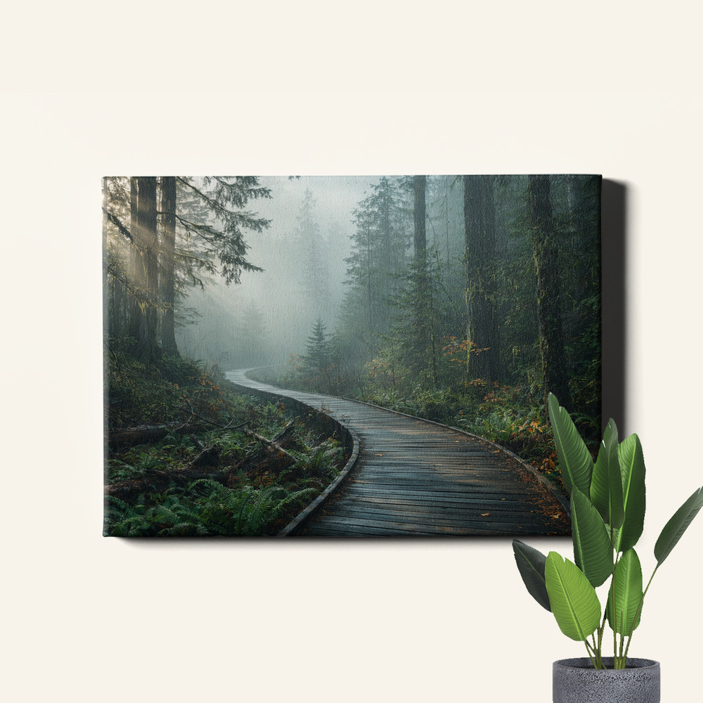 Misty forest boardwalk landscape photography Poster Print foggy woodland walkway