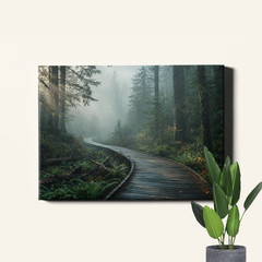 Misty forest boardwalk landscape photography Poster Print foggy woodland walkway