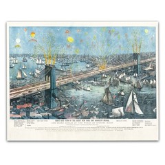 Brooklyn Bridge 1883 Fireworks Opening Night Bird’s Eye View Vintage Print