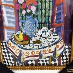 Sapna Shah Black Cat on Ledge Pink Paris Tea Time Floral Window Scene White Gold