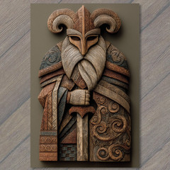 Art Print Norse Warrior Carving Viking Helmet Horned Armor Sword Nordic Mytholog