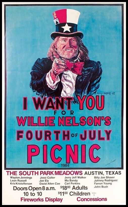 Poster vintage 1984, Willie Nelson 1984 Fourth of July Picnic Concert Poster