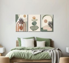 3Pcs Mid-Century Modern Boho Abstract Canvas Wall Art — Neutral Green Bohemian..