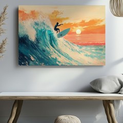 Surfer Riding Ocean Wave at Sunset Beach Canvas Wall Art Modern Coastal Print