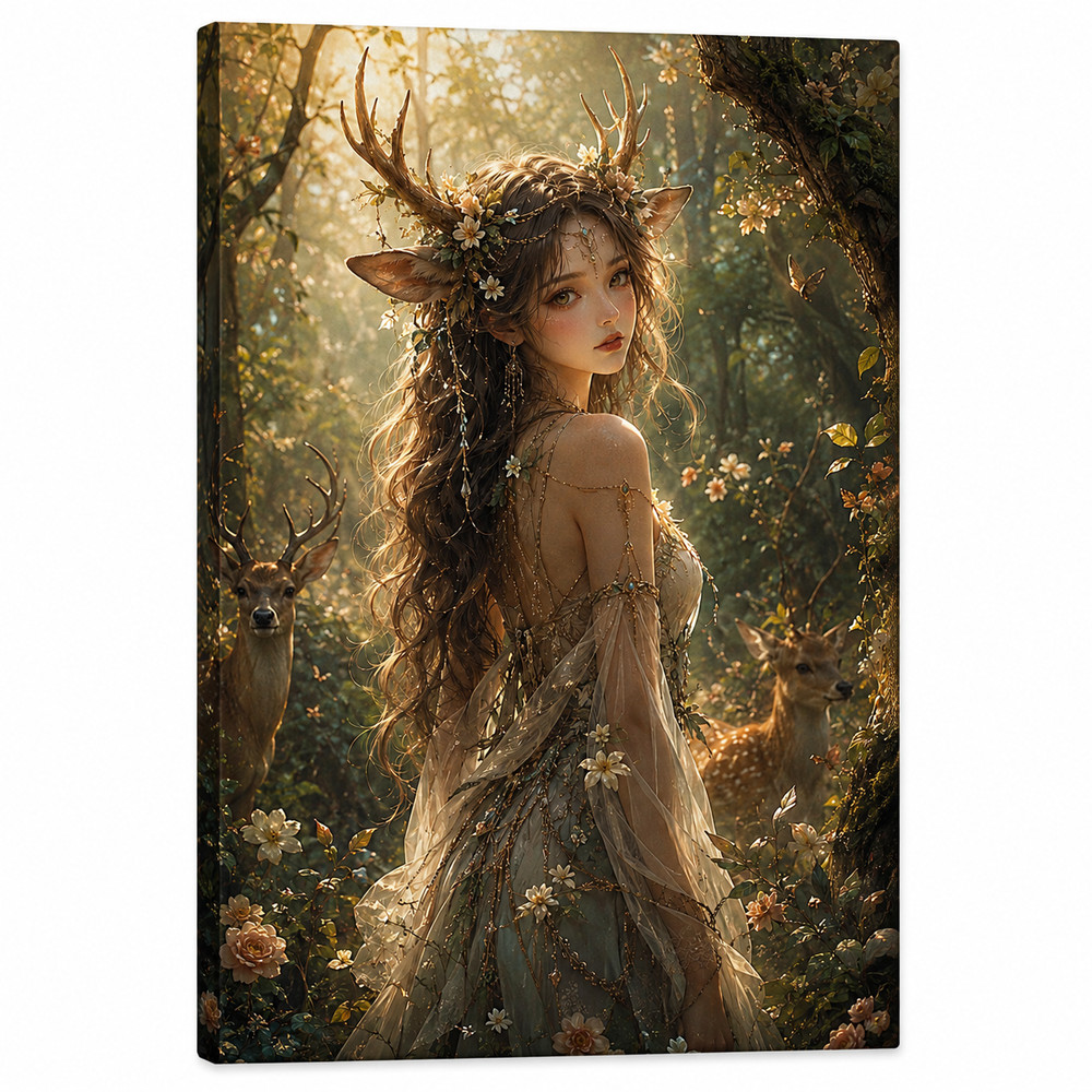 Deer Girl Canvas Wall Art Fantasy Forest Antler Woman Cottagecore Boho Home Deco