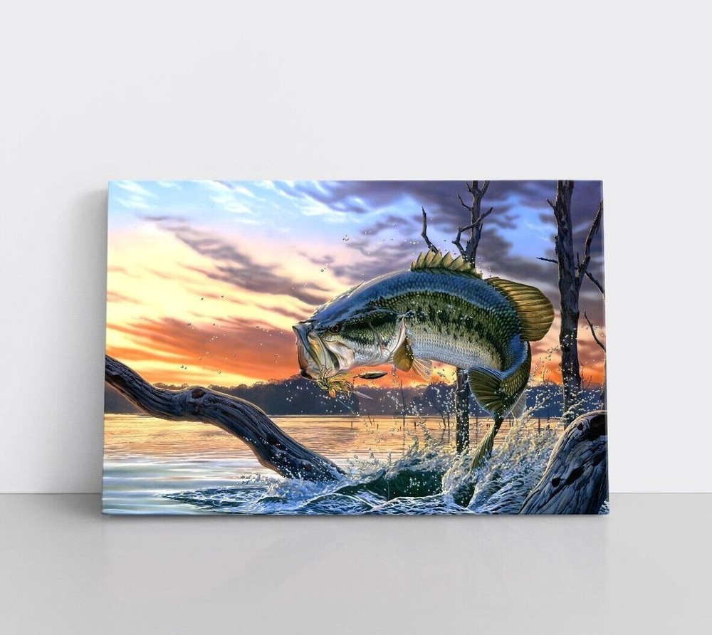 Largemouth Bass Fishing Painting Print on Framed Canvas Wall Art | Cabin Lodge