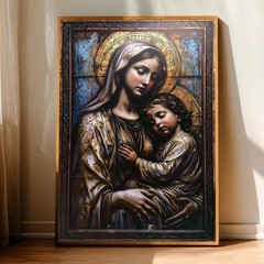 Virgin Mary and Child Framed Canvas Wall Art Catholic Madonna Christian Decor