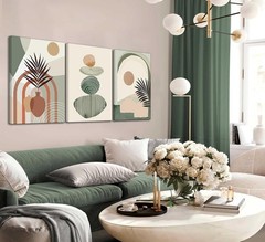 3Pcs Mid-Century Modern Boho Abstract Canvas Wall Art — Neutral Green Bohemian..