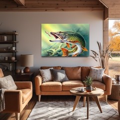 Northern Pike Fishing Painting Print on Framed Canvas Wall Art Fisherman Gift