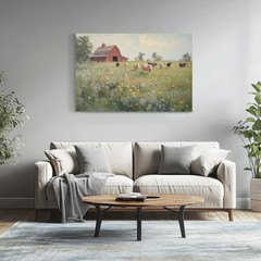 Red Barn Cattle Field Farm Cows Painting Print, Framed Canvas Wall Art Farmhouse