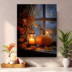 Framed Canvas Window Pumpkin Maple Leaf Candle Fall Autumn Wall Decor