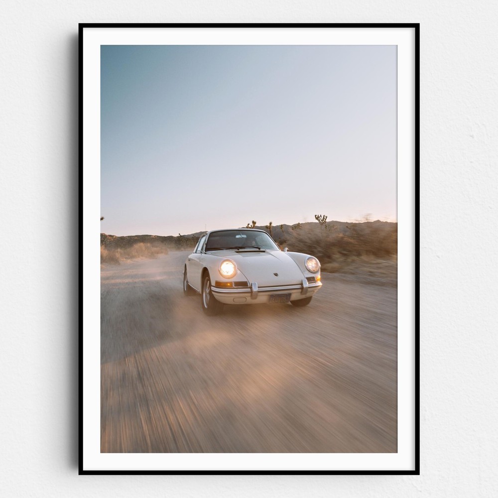 Vintage White Porsche In Desert Classic Sports Cars Wall Art Poster Print