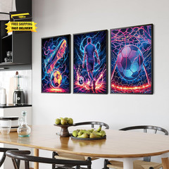 3Pcs Cool Soccer Wall Art Abstract Soccer Sneakers Posters Prints Paintings Neon