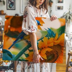 Blue Bird on Sunflower Canvas Wall Art Vibrant Nature Floral Wildlife Print
