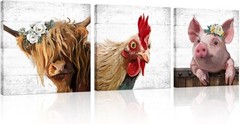 Waterproof 3-Piece Highland Cow, Rooster, Pig Wall Art for Kitchen & Living Room