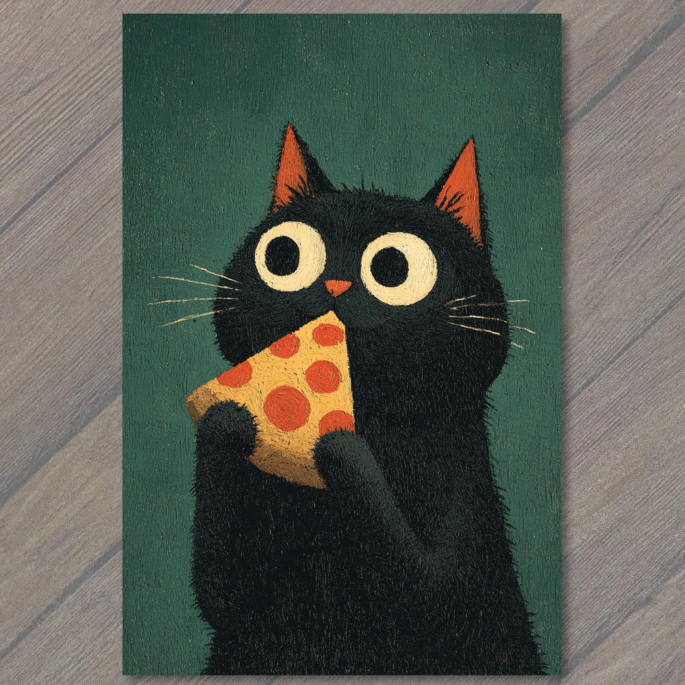 Art Print Black Cat Eating Pizza Funny Whimsical Food Lovers Humor Quirky Art