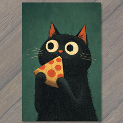 Art Print Black Cat Eating Pizza Funny Whimsical Food Lovers Humor Quirky Art