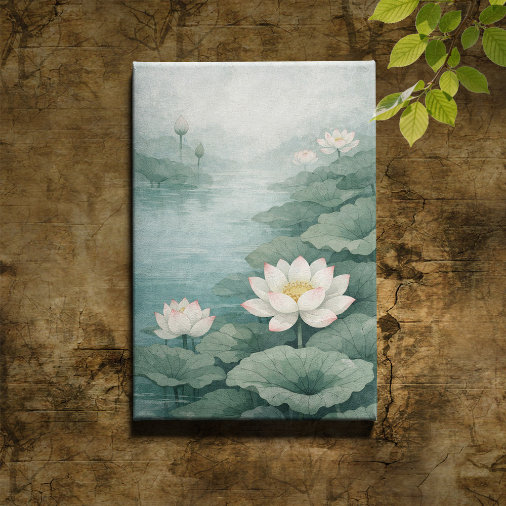 Lotus Pond Painting Art Print White Blossoms Misty Teal Texture
