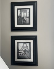 New York Paris Urban Landscapes Matted Prints With Benches And Black Frames Pair