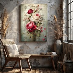 Vintage Style Floral Canvas Wall Art Red And White Rose Bouquet Print Home Decor