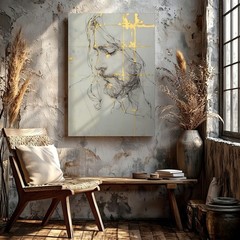 Wall Art Abstract Female Portrait Sketch Gold Foil Lines Modern Canvas Print