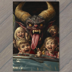 Art Print Devil Driving Family Fun Chaos Humor Children Artwork Retro Scene