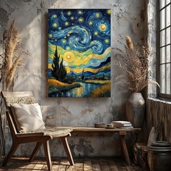 Starry Night Sky Canvas Wall Art Swirling Stars Landscape Painting Print Home